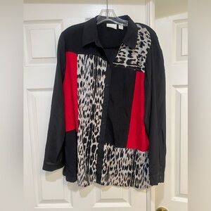 Chico's‎ Shirt Womens 3 L Red Black Animal Colorblock Sheer Long Sleeve Crinkle